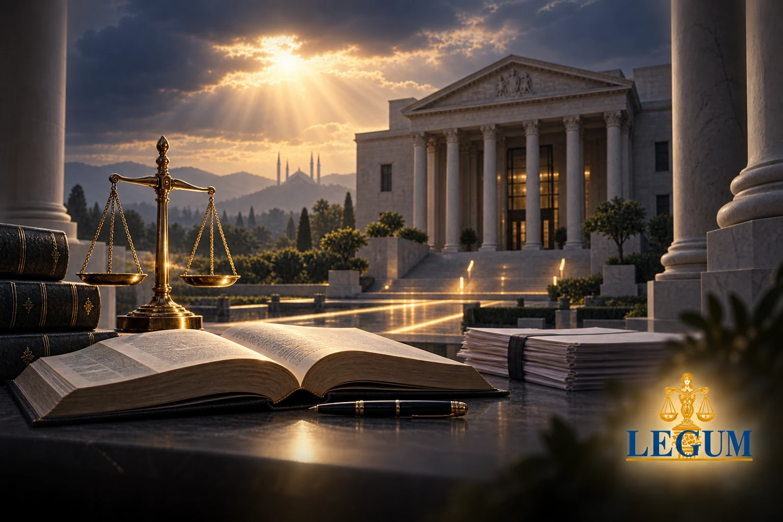 Libros de derecho constitucional, balanza de la justicia y Tribunal Superior que representan la jurisdicción del artículo 199