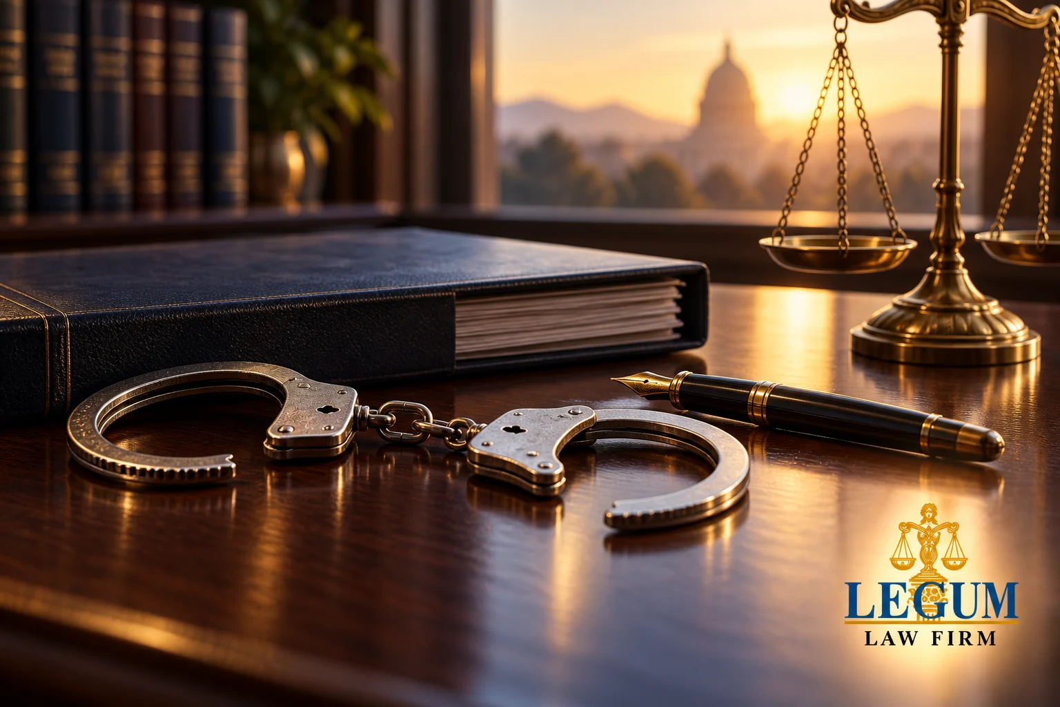 Esposas abiertas junto a un expediente judicial, una pluma y una balanza con el logotipo de Legum Law Firm