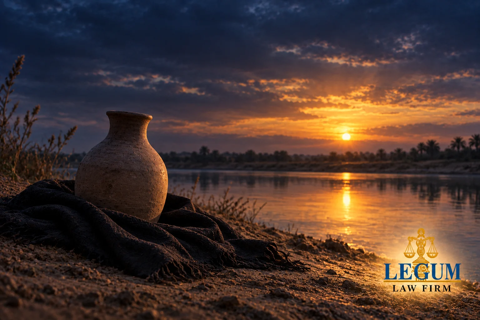 Una vasija de barro para agua reposa sobre una tela oscura junto a un río al atardecer.