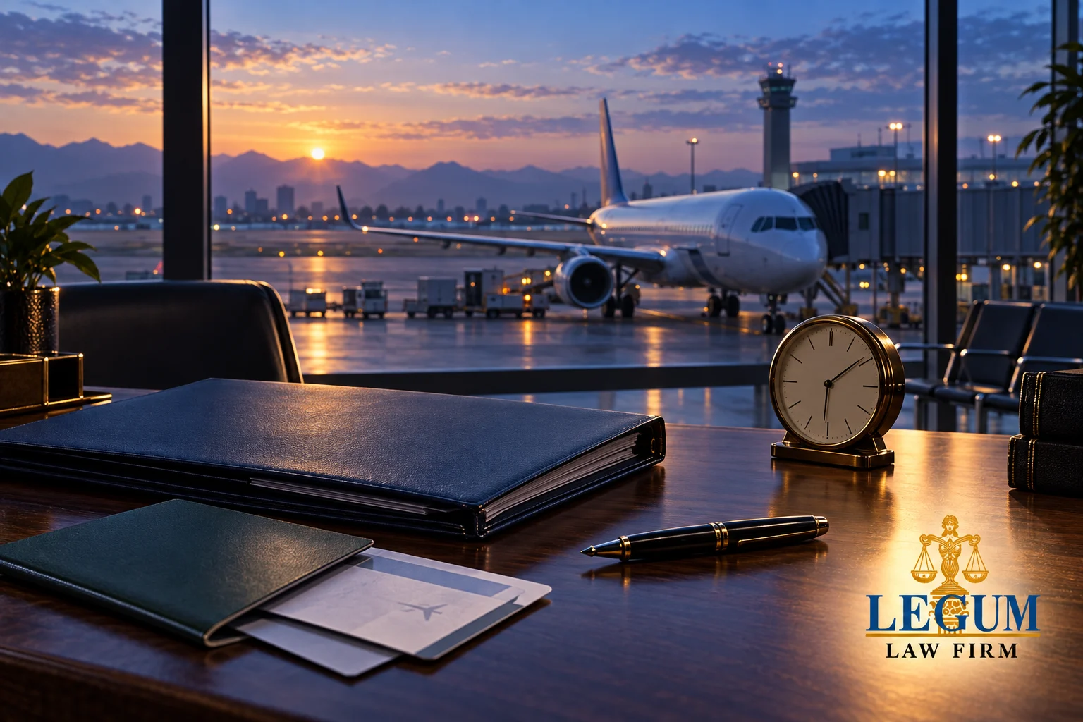 Avión junto a una terminal, con una carpeta, documentos de viaje, un bolígrafo y un reloj sobre un escritorio.