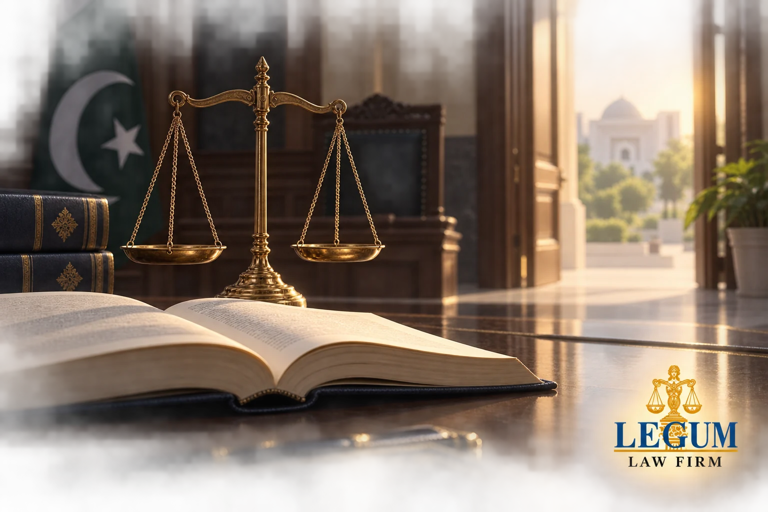Balanza de la justicia junto a un libro de derecho abierto en una sala judicial pakistaní.