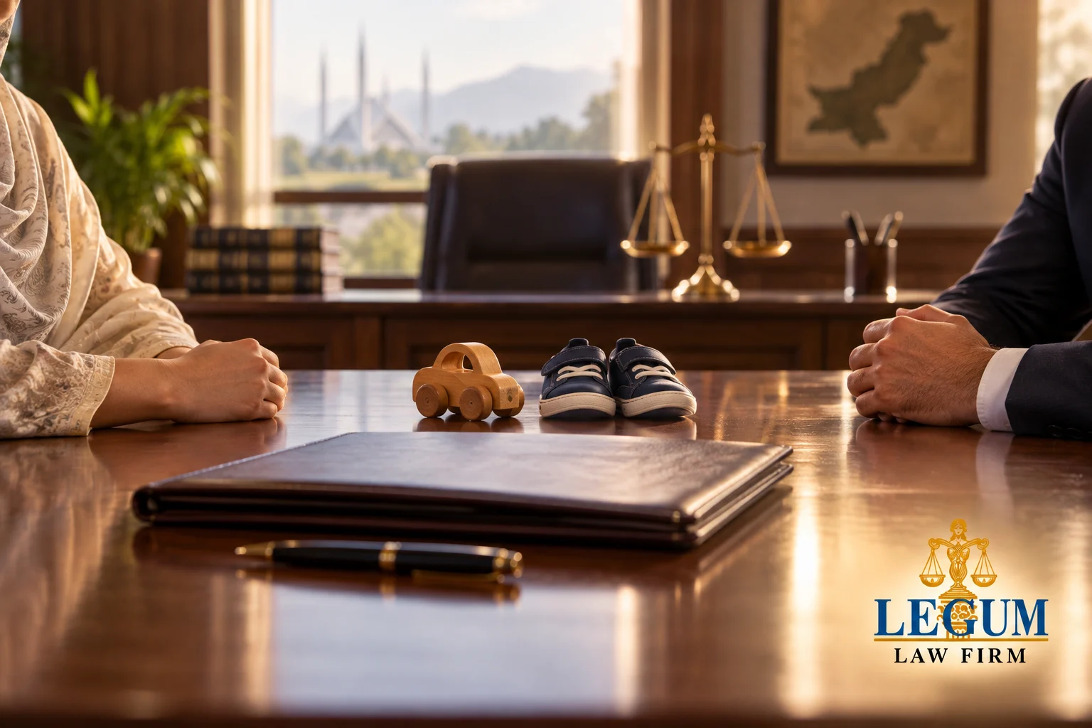 Zapatos y juguete de un menor entre dos progenitores en una reunión de derecho de familia, con balanza y logotipo de Legum Law Firm