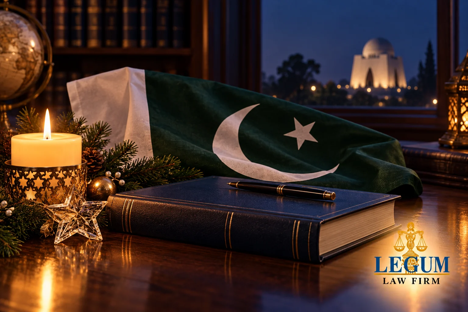 Una vela y una estrella navideñas junto a la bandera de Pakistán y un libro de derecho; al fondo, Mazar-e-Quaid.