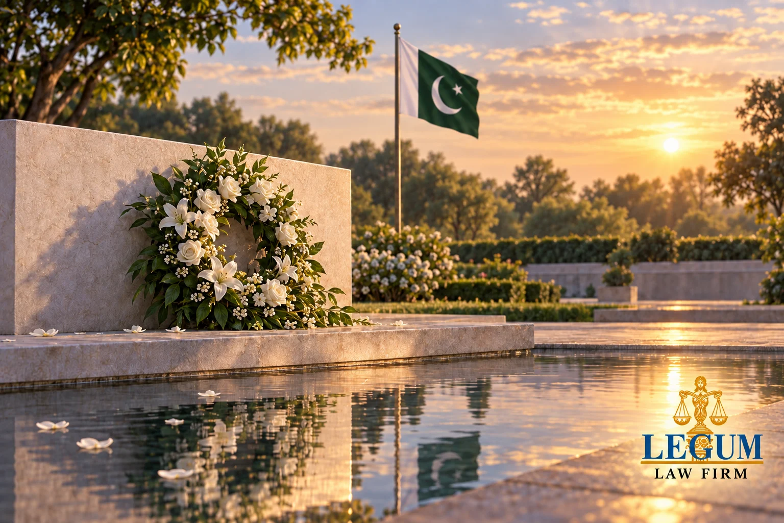 Una corona de flores blancas junto a un estanque y una bandera de Pakistán en un jardín tranquilo.