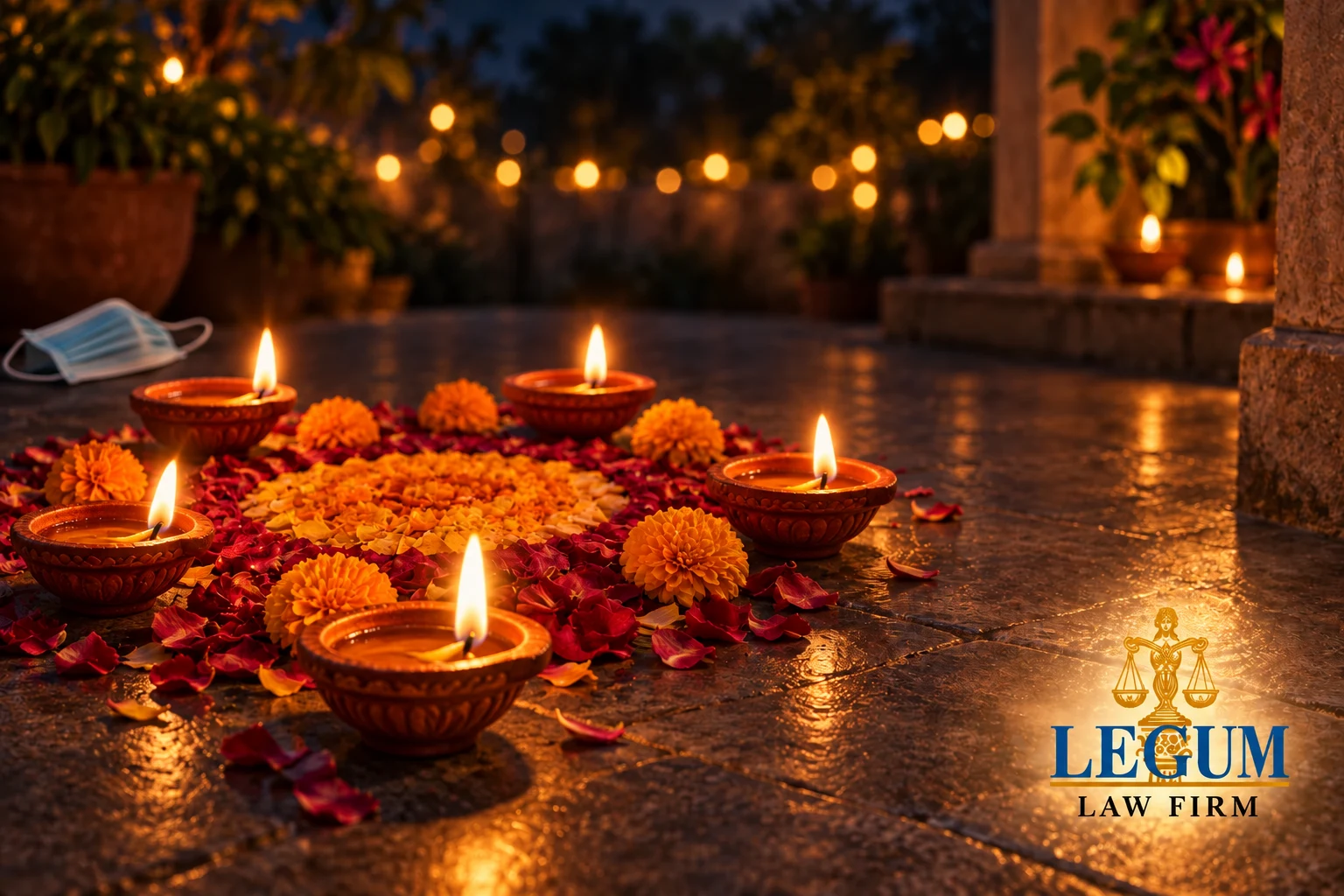 Lámparas de Diwali y una mascarilla discreta que recuerda el contexto sanitario de 2020.