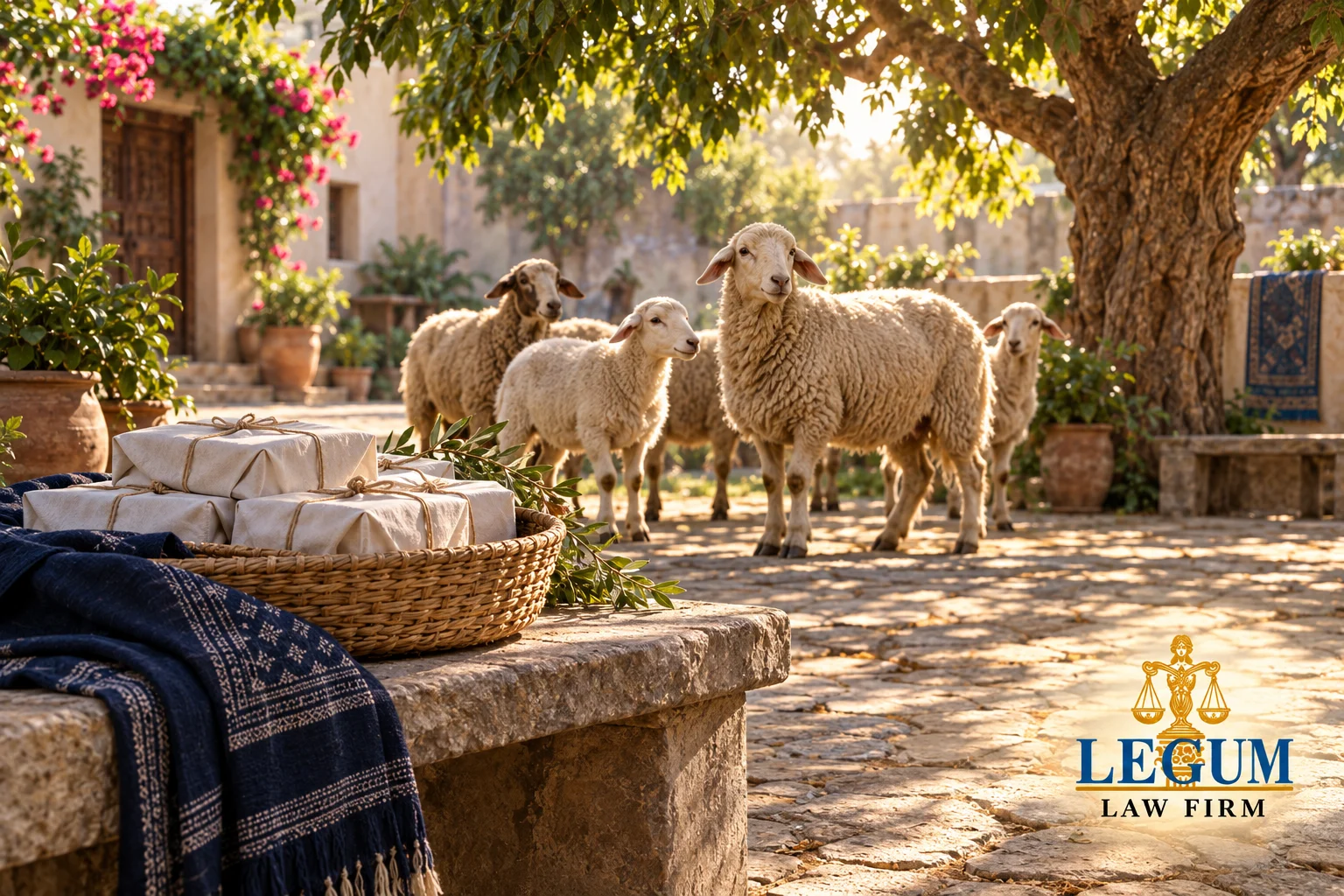 Ovejas en un patio soleado, con paquetes envueltos en una cesta de mimbre.