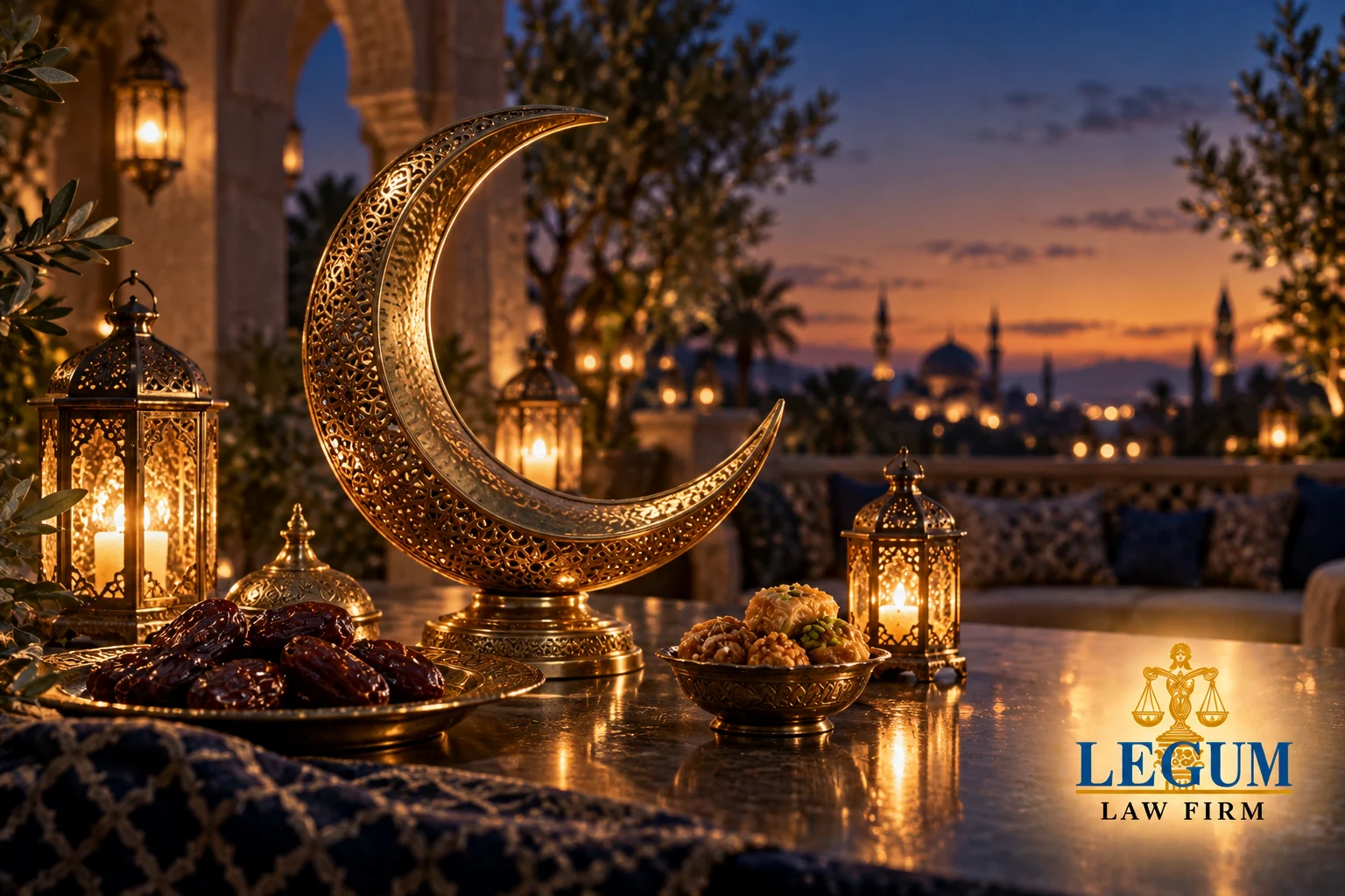 Media luna de latón, faroles, dátiles y dulces de Eid al anochecer con el logotipo de Legum Law Firm