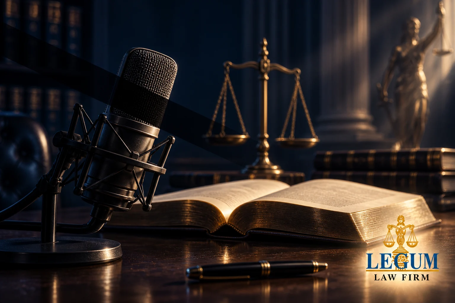 Micrófono de radiodifusión, volumen jurídico abierto y balanza con el logotipo de Legum Law Firm