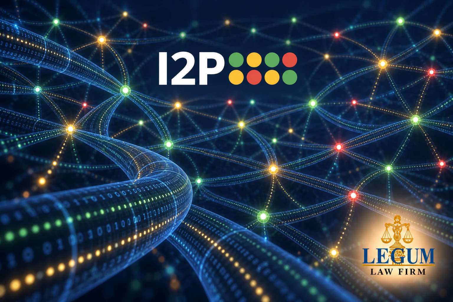 Logotipos oficiales de I2P y Legum Law Firm sobre una red distribuida de túneles cifrados.
