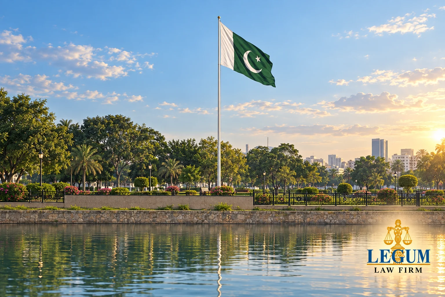 Bandera nacional de Pakistán sobre un jardín y agua reflectante con el logotipo de Legum Law Firm