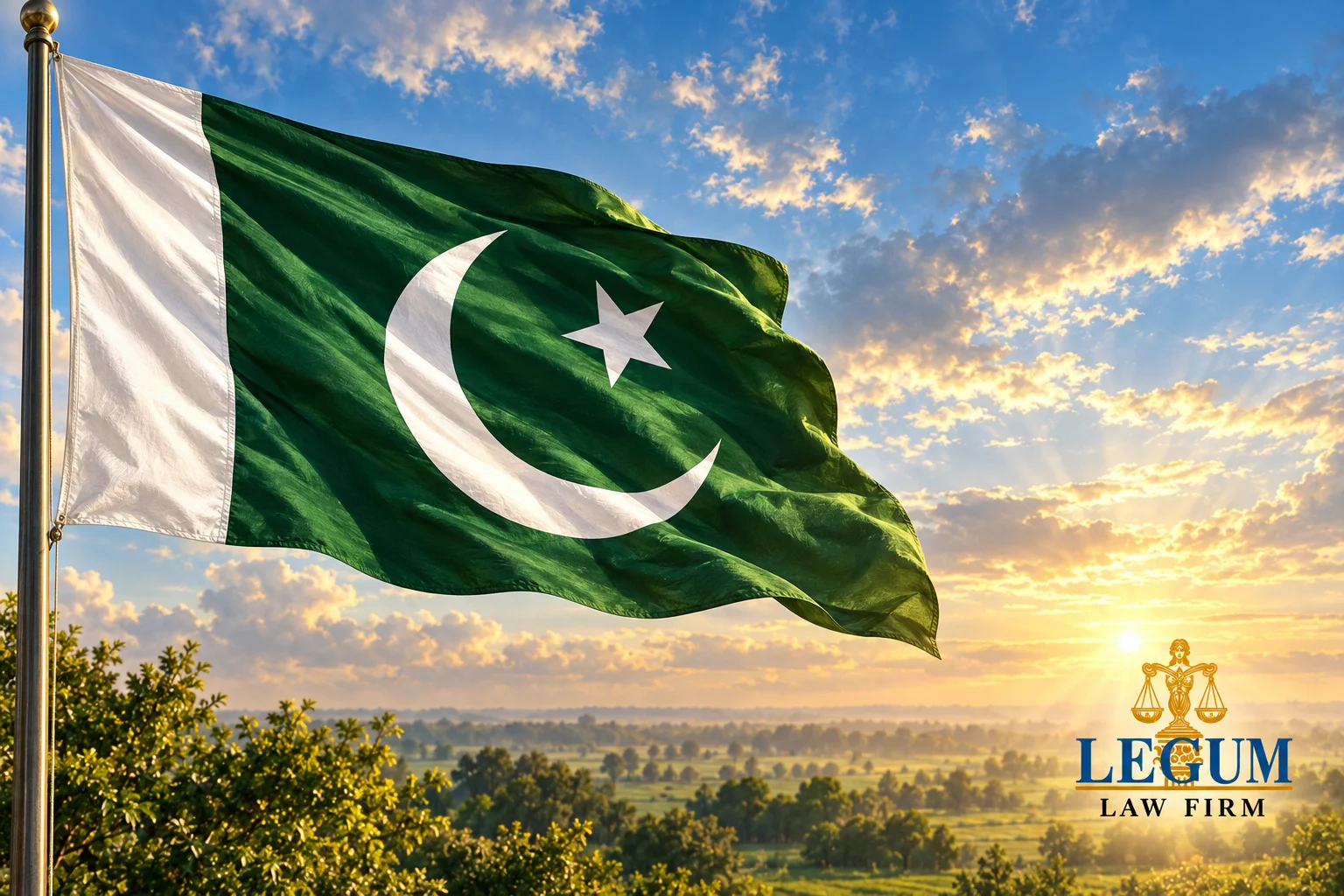 La bandera verde y blanca de Pakistán ondea sobre campos bajo un cielo iluminado por el sol.