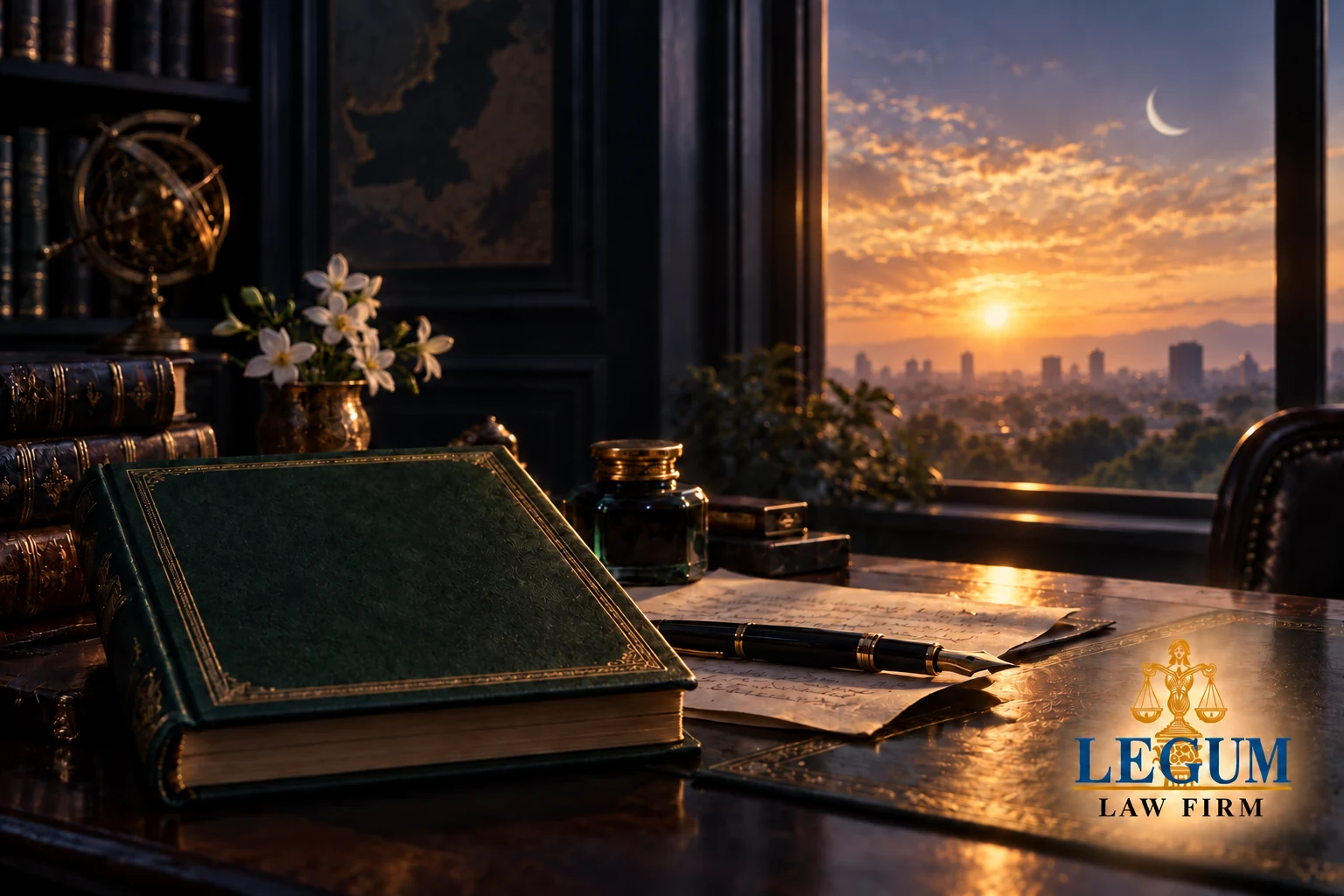 Un estudio jurídico contemplativo para conmemorar el Día de Iqbal, con un libro, un manuscrito y el amanecer sobre Lahore.