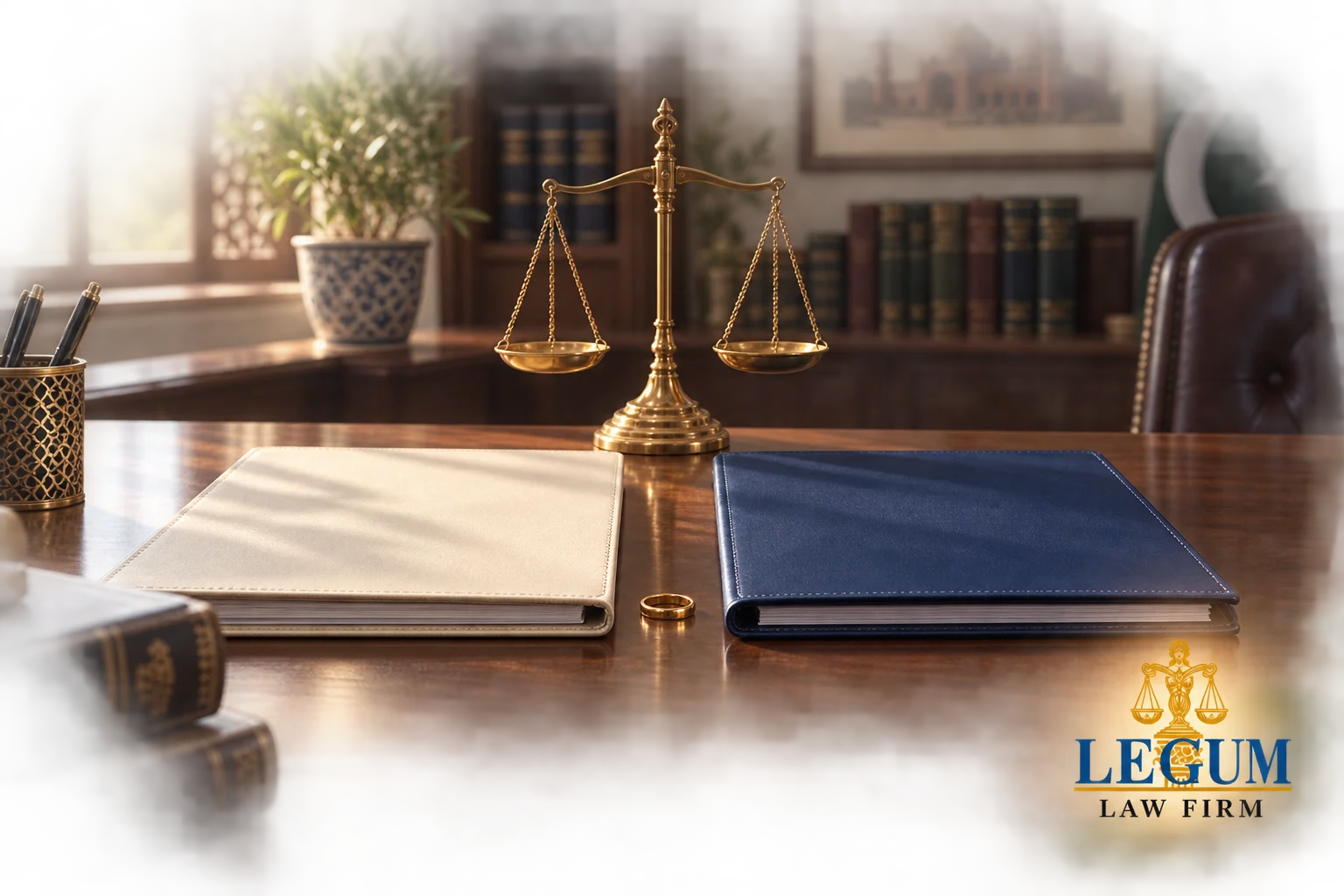Dos expedientes jurídicos y un anillo de boda junto a la balanza de la justicia en un despacho de derecho de familia.