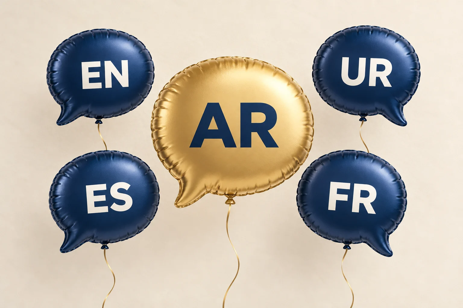 Globo dorado AR rodeado de globos azules EN, UR, ES y FR, que anuncia la incorporación del árabe al sitio web.