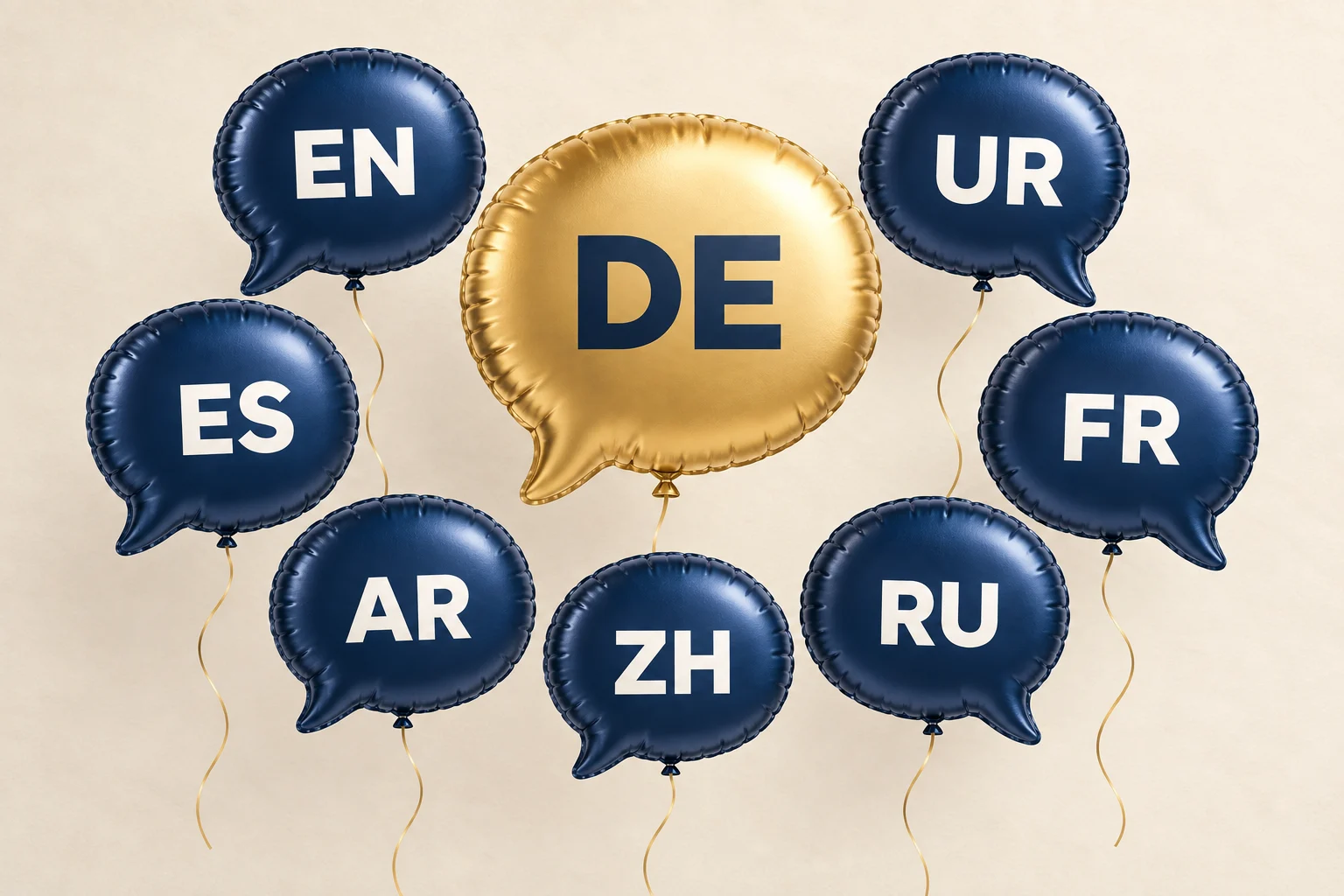 Globo dorado DE rodeado de siete globos azules de otros idiomas, que representa la incorporación del alemán como octavo idioma del sitio.