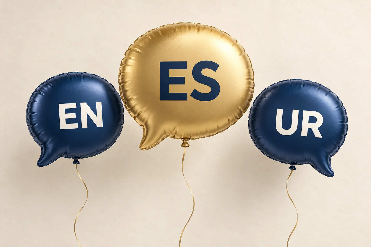 Globo dorado ES junto a globos azules EN y UR, que anuncia la incorporación del español al sitio web.