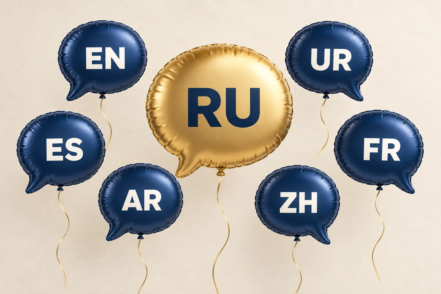 Globo dorado RU rodeado de seis globos azules de otros idiomas, que anuncia la incorporación del ruso al sitio web.