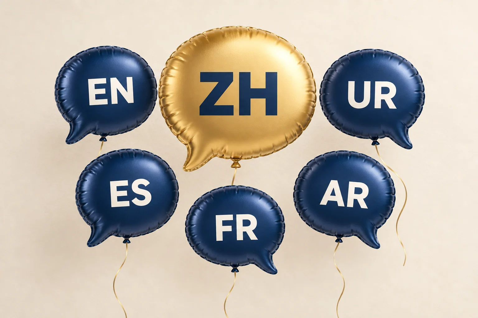 Globo dorado ZH junto a cinco globos azules de otros idiomas, que representa la incorporación del chino simplificado al sitio web.