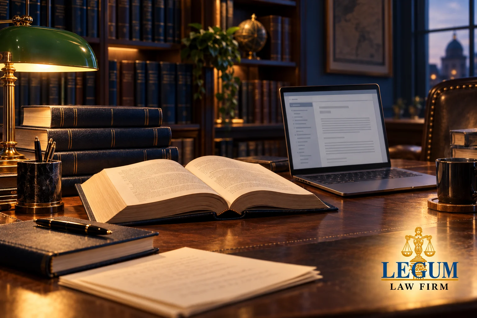 Un libro de derecho abierto y un portátil sobre una mesa de biblioteca con luz cálida.