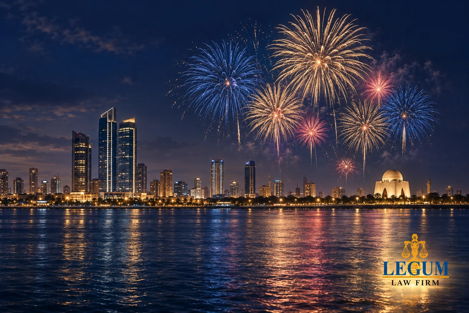 Fuegos artificiales sobre el paseo marítimo de Karachi de noche con el logotipo de Legum Law Firm
