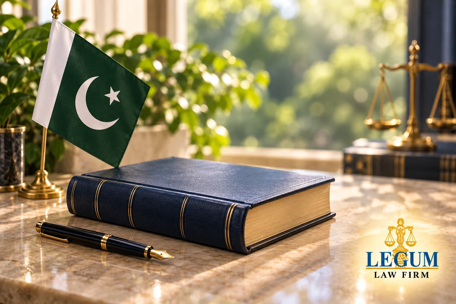 Una bandera de Pakistán, un libro de derecho cerrado y una pluma, con una balanza de la justicia al fondo.