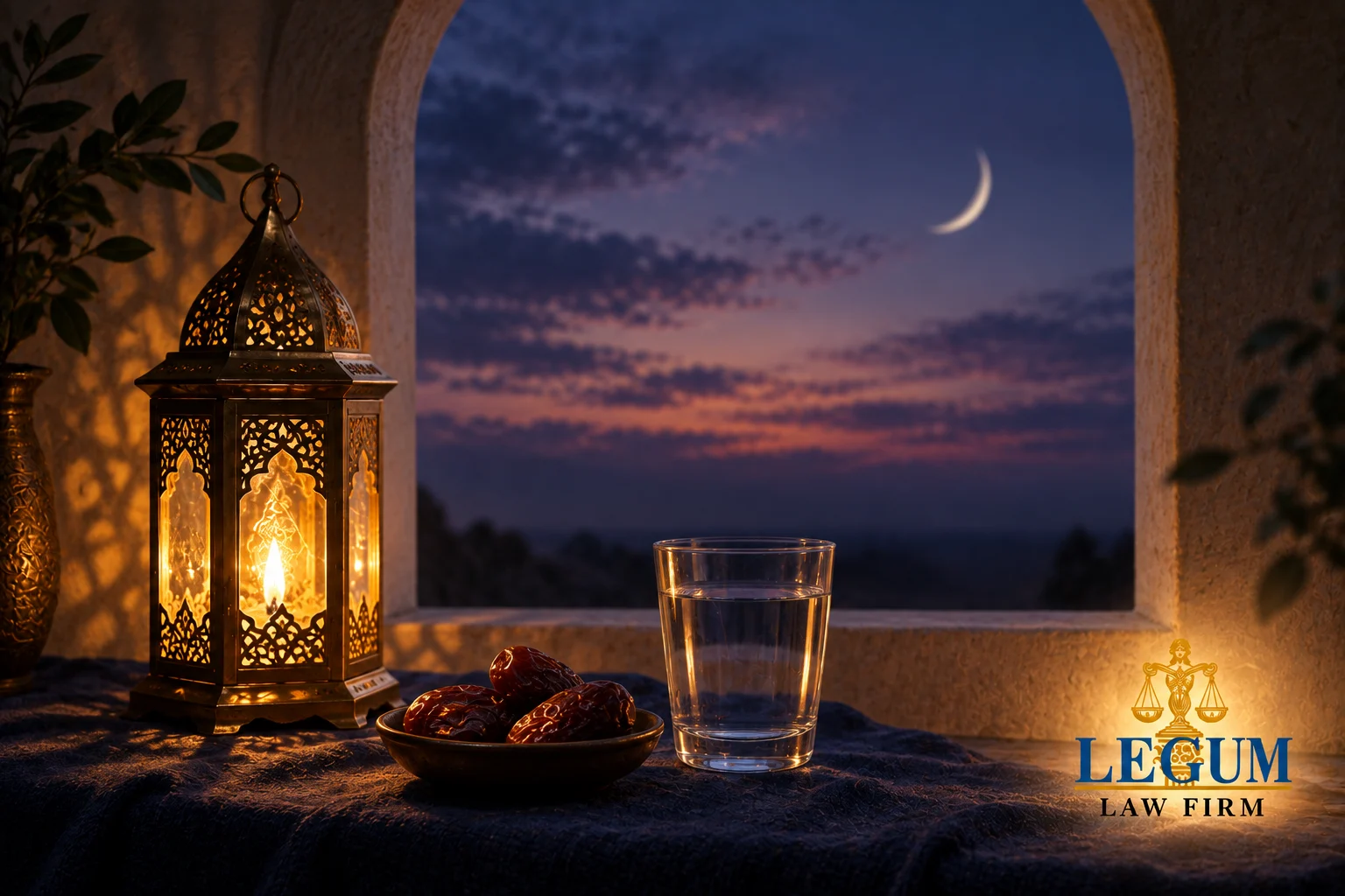 Un farol encendido, dátiles y un vaso de agua ante una ventana arqueada y una luna creciente.
