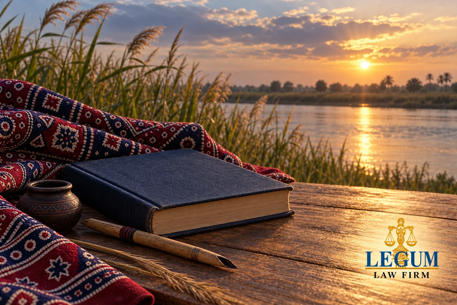 Un libro cerrado, un cálamo y una tela ajrak junto a un río bañado en luz dorada.