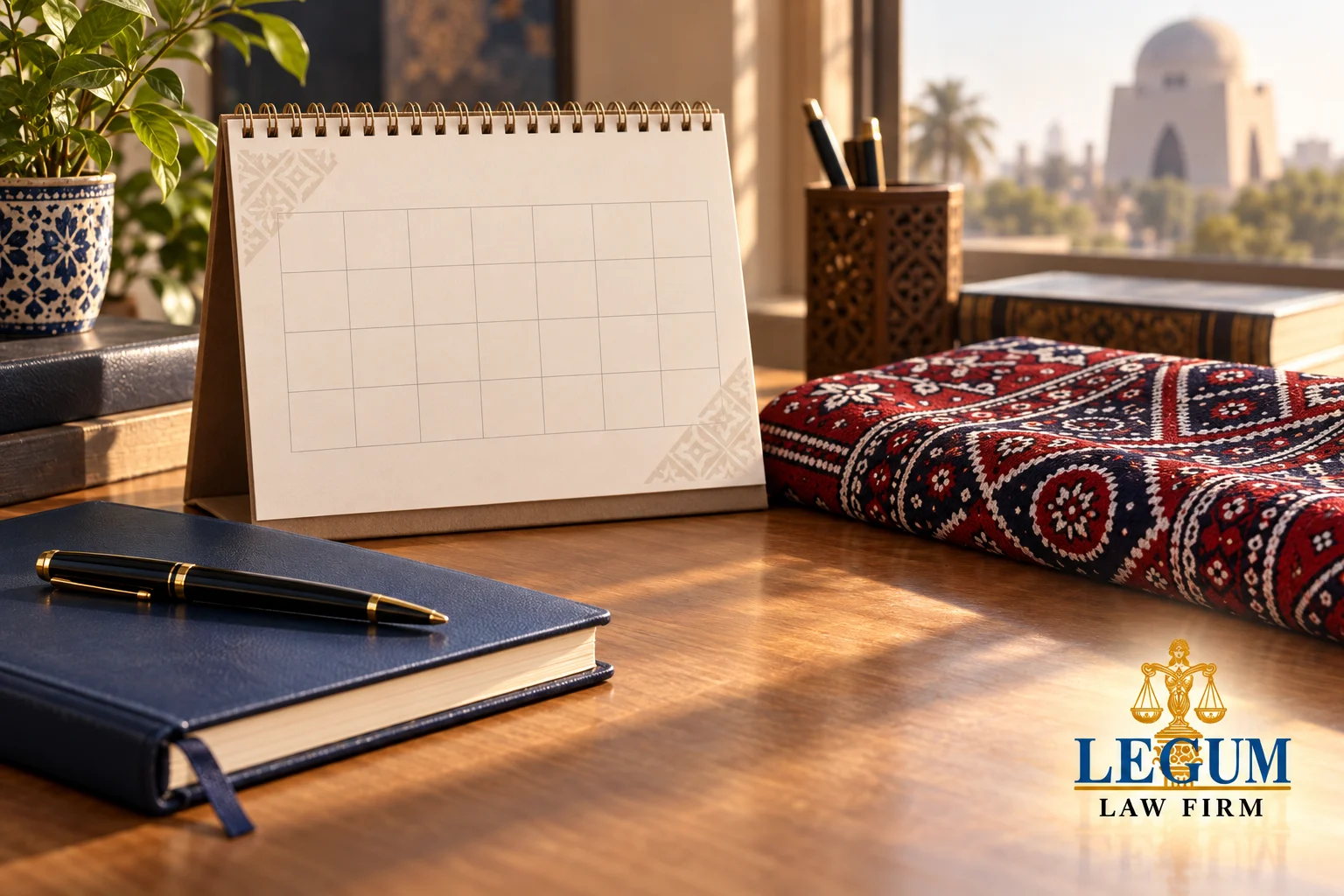 Un calendario de mesa en blanco, un cuaderno y una tela ajrak en una oficina iluminada por el sol.
