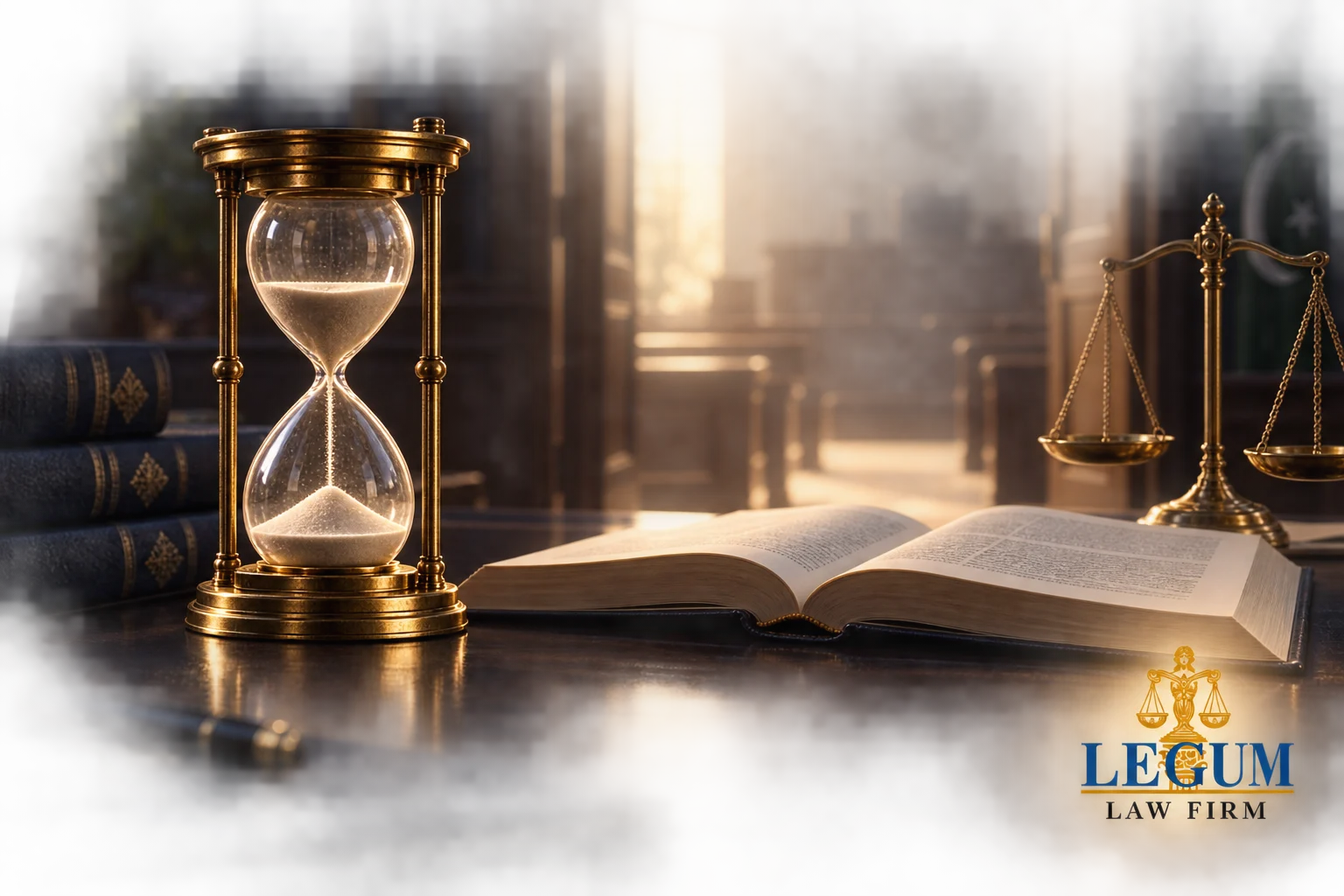 Reloj de arena junto a libros de derecho y una balanza de justicia, símbolo de la demora del juicio.
