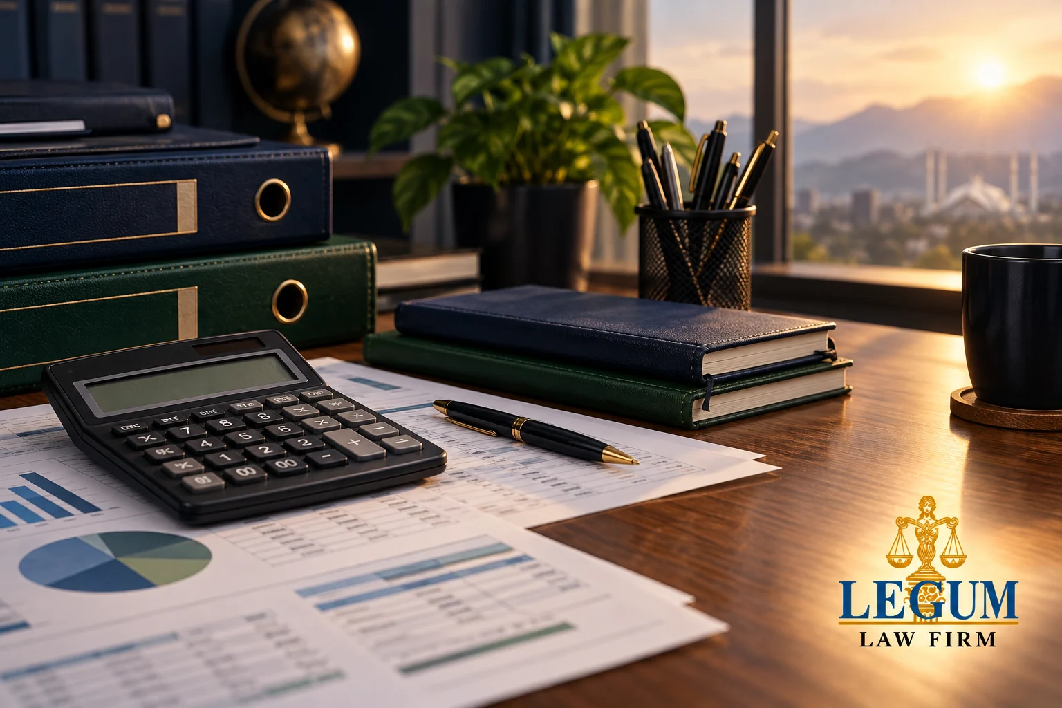 Una calculadora, gráficos financieros, carpetas y cuadernos sobre una mesa iluminada por el sol.