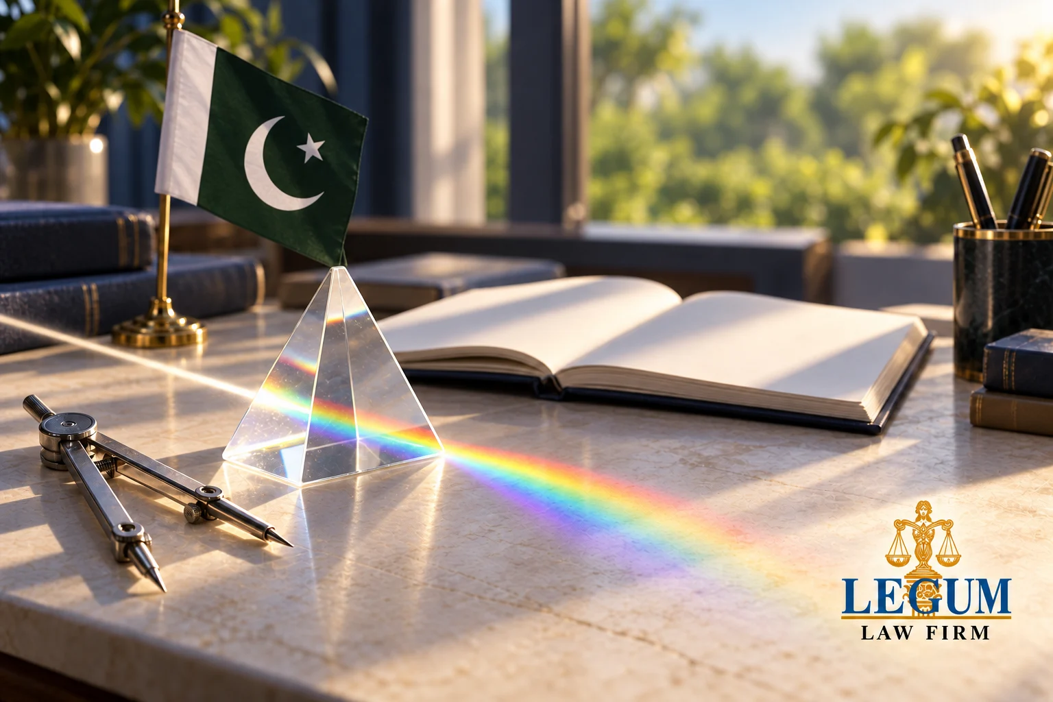 Un prisma de vidrio proyecta un espectro junto a un compás de dibujo, un cuaderno en blanco y una bandera de Pakistán.