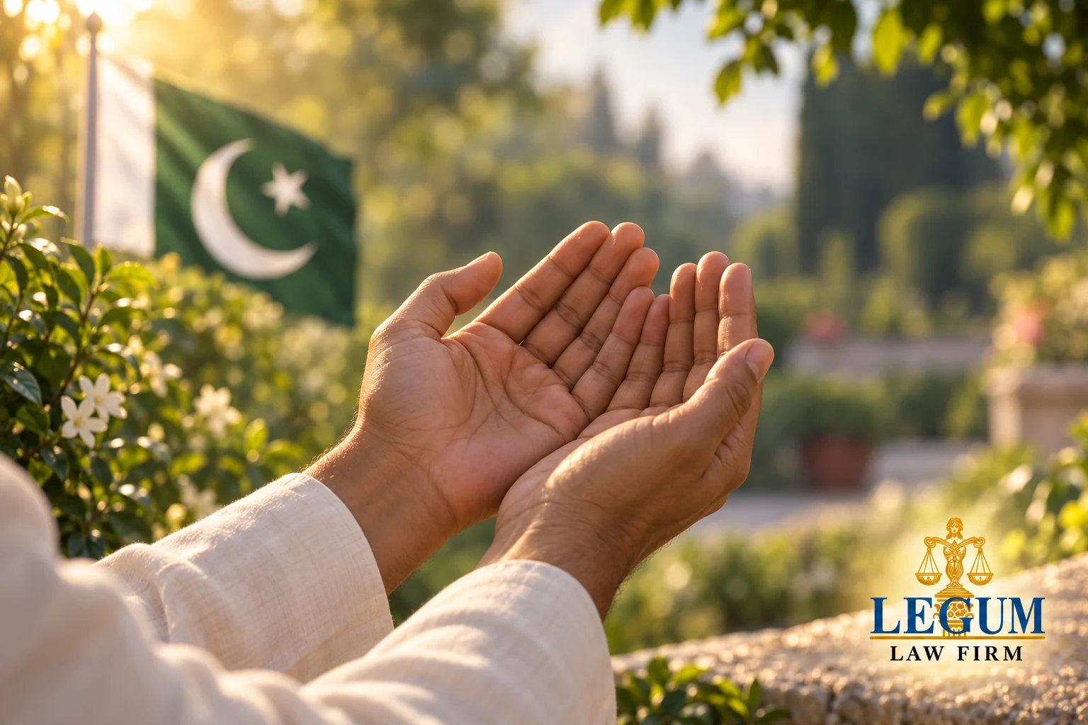 Manos alzadas en oración, con una bandera de Pakistán en un jardín soleado.