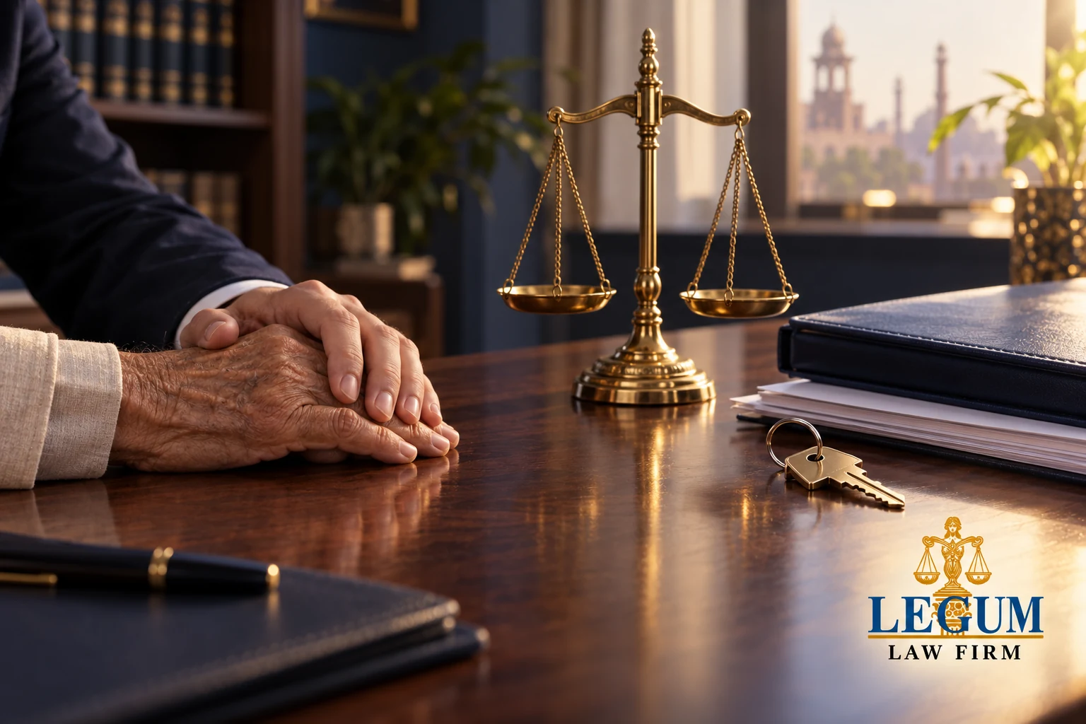 Manos de adultos en un gesto de apoyo junto a una balanza de la justicia, documentos de propiedad y una llave de casa, con el logotipo de Legum Law Firm.