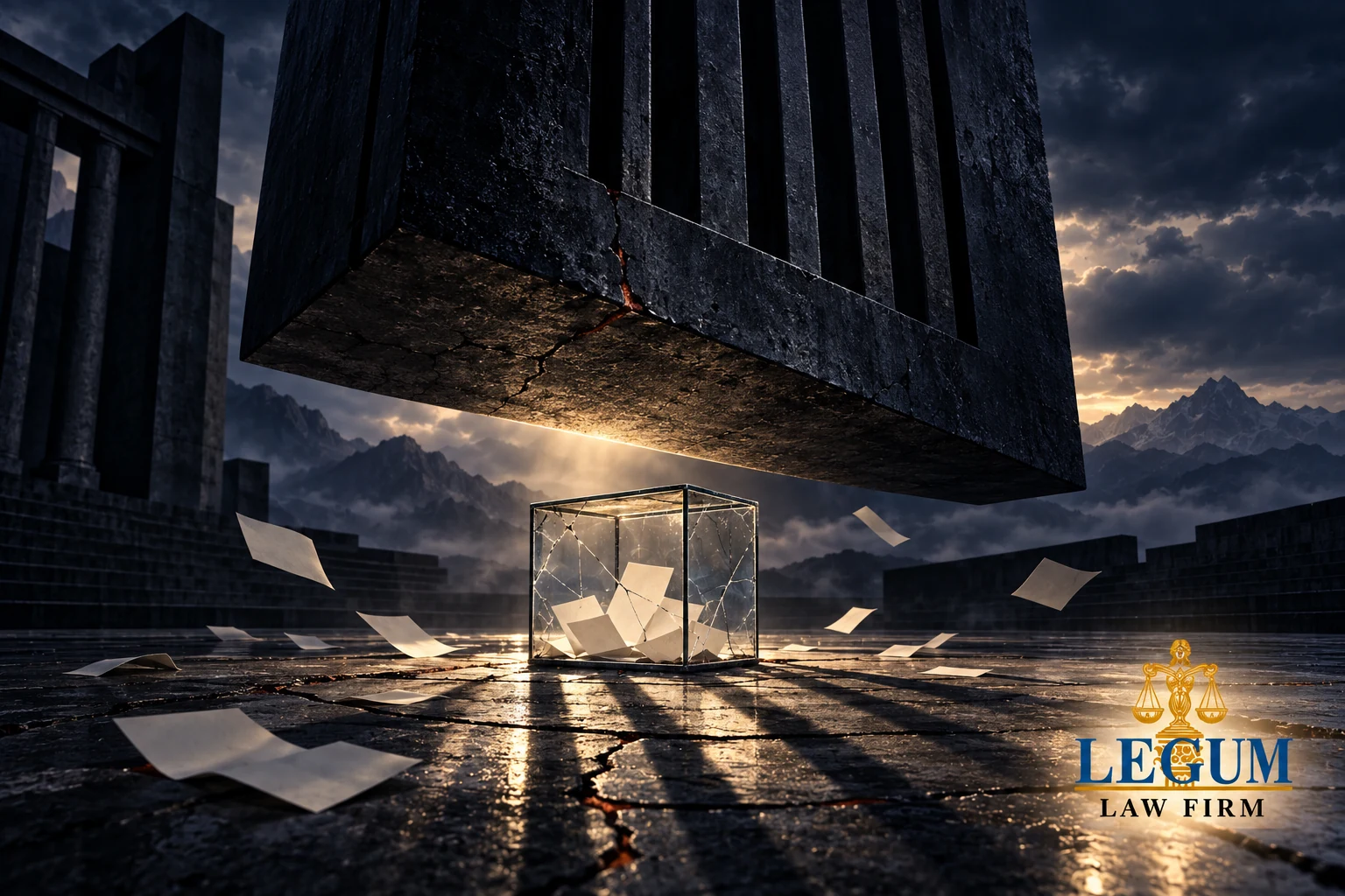 Urna de cristal agrietada bajo una estructura oscura de gran tamaño, en una ilustración conceptual con el logotipo de Legum Law Firm.